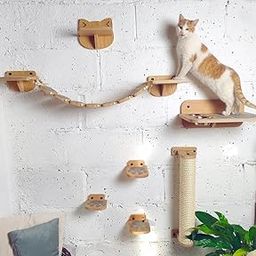 XSOURCE Wall-Mounted Wooden Cat Furniture Set – Modern Climbing Shelves, Hammock Bridge, Scratcher & Perch – Space-Saving Activity Center for Indoor Cats-14
