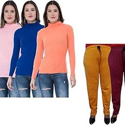 indiweaves Women Winter Wear Combo Pack- Full Sleeves High Neck/Skivvy and Fleece Warm Lower/Track Pants (Pink, Blue, Orange, Mustard, Maroon,36) Pack of 5-picture-38