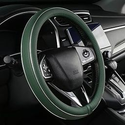 ALEMODR Green Leather Steering Wheel Cover Heat Resistant Anti-Slip Silver Fiber Strip Car Steering Wheel Cover Universal 15 inch-image-35