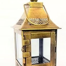 Decorative Metal Lantern with Glass Panels, Vintage Bronze Finish, Ornate Lattice Design, Hanging Handle (Golden, Medium)-image-76