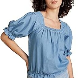 Women's Denim Square Neck Puff Sleeve Crop Regular Fit Top-image-2