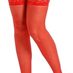 Lace Thigh High Stockings for Women Naughty 10D Sheer Full Footed Socks Lingerie Silicone Anti-Slip-RED-image-17
