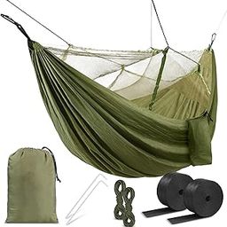 HACER Portable Outdoor Camping Hammock with Mosquito Net & Carabiner Nylon Windproof Hanging Swing for Hiking Backpacking (Army Green-1)-image-99