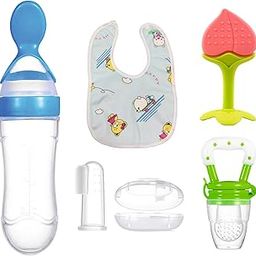 ROFORUF Toddler Fruit Feeder 1Pc, Silicone Baby Food Dispensing Spoon 90Ml 1Pc, Fruit Shape Teether 1Pc, Finger Tooth Brush 1Pc And Baby Bib 1Pc (Combo Of 5 (1)),Assorted-5