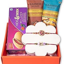 Kaameri Bazaar Rakhshabandhan Chocolate Biscuit Hamper Rakhi Gift for Brother - Rakhi with Dry Fruits and Chocolate Combo Greeting Card, Roli Chawal Pack - Om Lariya Set of 2-image-98