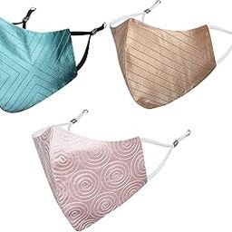 By Q-One Tripento 4 Layer, Reusable, with Detachable Chain & Ear Adjusters, Anti-Bacterial (BFE>99%) Satin Cloth Face Mask Combo for Women, Girls (Teal-Gold-Pink, Pack of 3)-22