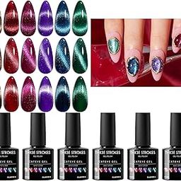 THR3E STROKES Cat Eye Gel Nail Polish Set, 6 Colors, Magnetic Effect, Glitter Red, Shiny Brown, Burgundy, Purple, Blue, Green, 7.5ML (Cluster X)-17