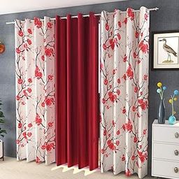 Unique Home's Polyester Floral Grommet Opaque Curtains ( Set Of 3 ) Home Washable Fine Fabric Quality (Red, 5 Feet)-image-1