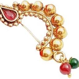 Traditional Gold Plated Brass Nath | Ethnic Without Piercing Maharashtrian Nathni | 1 Marathi Nath with Red Stone & Red Green Beads-image-0