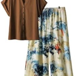 Rust Brown Shirt & Watercolor Print Wide-Leg Pants Co-ord Set-image-77
