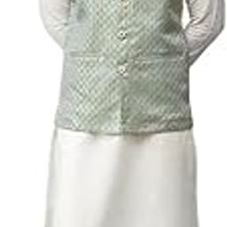 Men Sea Green & White Solid Kurta Pyjamas With Nehru jacket-3