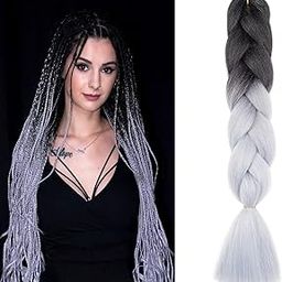 DELUXE HAIR Jumbo Braiding Hair Extensions 24 Inch High Temperature Synthetic Fiber 1 pcs Pre-Stretched Box Braids Braiding Hair Twist Crochet Braids (black and grey)-image-3