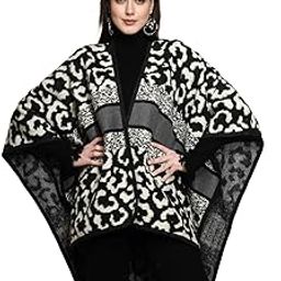 Black Cape for Women Abstract Print V-Neck Acrylic with Three Fourth Sleeve Cape for Girl-26