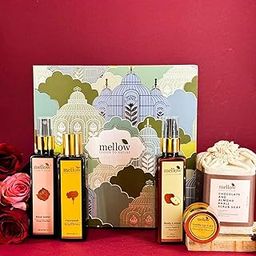 Mellow Must Have Eessential Gift Box | Rose water-100ml, Marigold & mint facewash-100ml, Chocolate and almond Scrub Soap with wooden soap tray-100g, Green apple Body Lotion-100ml, Lip cure-12g-0