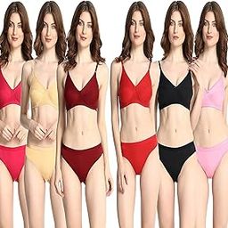 Combo 6 Pcs Women's Non Padded Bra Panty Set Non Wired Multicolored-image-58