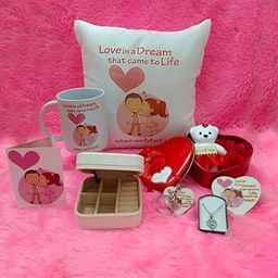 PICRAZEE Romantic Gift Combo (Cushion+Filler, Mug, Teddy-Roses in Metal Box, K-Ring, F-Magnet, G-Card, Jewelry Box, Heart Pendant) Perfect Love Gift-11
