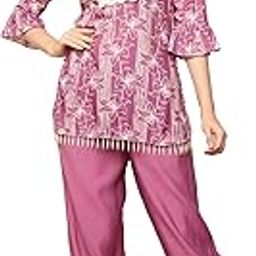 Floral Print Rayon Kurti & Gathered Pants Indo Western Co-Ord Set for Women's|Collared Neck 3/4 Bell Sleeves|Ladies Party Outfits Ethnic Summer Collection Stylish Fusion Wear-image-18