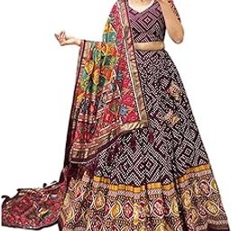 Traditional Bandhani Lehenga Choli Set, Wine Purple with Gold Border, Multicolour Embroidered Dupatta-picture-17