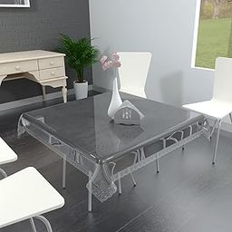 TANLOOMS PVC Clear Transparent with Silver Lace, 4 Seater Square Dining Table Covers (Size-60" x 60" Inches)-image-78