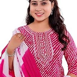 Women's Pink Tie-Dye Cotton Kurta Set with Embroidered Yoke, 3/4 Sleeves, Dupatta and Palazzo-image-79