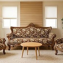 UNIQUE WOOD ART Antique Wooden Carved 5-Seater Sofa Set | Premium Teak Wood Frame with Floral Fabric Upholstery | Traditional Living Room Furniture Victorian Style 3-Piece Living Room Sofa Set, Brown-image-30
