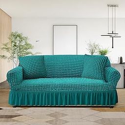 Cortina Stretch Bubble Sofa Slipcover for Dining Drawing Room, Durable Washable Stretchable, Easy Fit Universal Furniture Protector, Teal - Three Seater-image-31