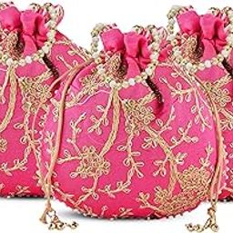Pack of 3 Potli Bags for Ladies & Girls | Women Shagun Pouches for Festive Seasons | Embroidery Batwa Bag Bridal Purse -Pink-25