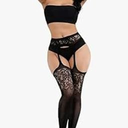 Floral Lace Garter Belt Stockings Set with High Waist Design, Black-image-99