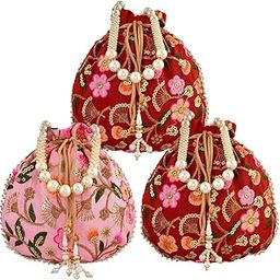 Potli|Silk Wedding Potli|Christmas Gift Potli|Baby Shower Potli|Traditional Shagun Potli|Drawstring with Beads Handle Potli|New Flower Embroidery Potli|Pack of 3|Multi-image-21