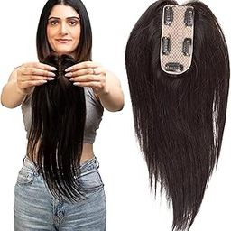 Capilus 100% Human Hair Extensions for Women, Clip in Scalp Topper/Hair Topper, Silk Based- (4"x2", 16 Inches, Natural Black)-image-69