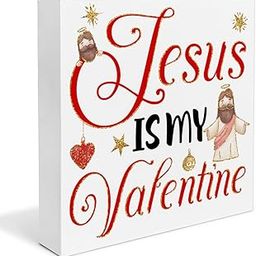 Valentines Day Decorations, Jesus Valentines Decor, Valentines Gifts for Him Her, Jesus Is My Valentine Wooden Decorative Sign, Home Decor for Desk Table Shelf 5 x 5 Inches-image-48