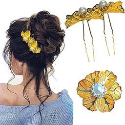 TEMPERIA (2 pcs) U Pin Hair Accessories For Women & Girls - Artificial Flowers Bun Juda Bridal Pins for Hairstyle & Decoration - Pins & Clips for Style of Bride - Gold (MN01)-image-41