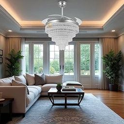 Glowave® Silver 42" Crystal Chandelier with 4 Transparent Retractable ABS Blades Ceiling Fan Light with Remote Control - Tricolour (FI 7763)-image-2