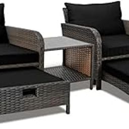 OMCCO Rattan and Wicker 2 Seater Cushioned Patio Conversation Bistro Set with 2 Pullout Ottomans and 1 Table Outdoor Garden Conversation Set for Backyard Porch Lawn (Black)-image-18