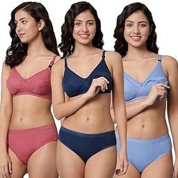 Women's Cotton Blend Non-Padded Wirefree Maternity/Nursing/Breastfeeding/Mother Bra Panty Lingerie Set Combo Pack of 3-picture-43