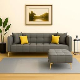 FURNY Modernliving 4 Seater Fabric Sofa Set, 3 Seater & Ottoman, 4 Seating Sofa Set (Dark Grey Color)-image-37