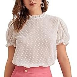 Dobby Texture Georgette Formal Stylish Office Solid Western Summer wear Short Casual Plain Puff Half Sleeves Tops for Women Latest-image-9