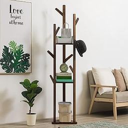 GRACIOUS MART Wooden Coat Rack Stand, Free Standing Coat Rack with Multiple Hooks, Adjustable Coat Tree Easy Assembly for Coats, Hats, Handbags for Entryway, Hallway, Bedroom, Office (5-WALNUT)-image-1