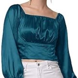 Shila Fashion Women's Ruched Bust Style Elegant Lantern Sleeve Satin Crop Top-picture-13