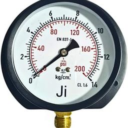 "Ji" Japsin Instrumentation Commercial Pressure Gauge, 4" Dial, Range 0 to 14 Kg/Cm2 with Dual Scale of 200 PSI, Surface Mounting Bottom Entry, 3/8" BSP (M) Connection, MS Case & Brass Internals-10