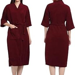 CREEVA Everyday Unisex Micro Terry Bathrobe Collection With kimono collar and 1 Pocket, 3/4 Sleeve Bath Robe Super Soft Light Weight - Wine-19