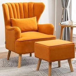 Wing Chair for Living Room, Bedroom with Ottoman/Footrest, High Back Single Seater Sofa to Relax and Read (Orange)-image-43