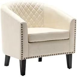 TheFurnishery Faux Leather Barrel Accent Chair | Modern Club Arm Chair with Nailhead Trim | Upholstered Single Sofa for Living Room, Bedroom, Office | Rubberwood Frame (Cream)-image-95