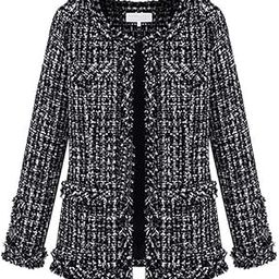 Women's Collarless Plaid Tweed Blazer Elegant Open Front Fringed Casual Business Glitter Jacket-8