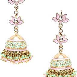 Gold Plated Pink and Light Green Crystal Kundan Jhumki Earrings for Women-49