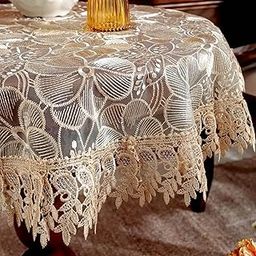 JEWEAVE Beautiful Floral Tissue Embroidery Floral Design Table Cover for 4 Seater Round Dining Table| Decorative Table Cloth for Home, Wedding & Festive Décor | 60 Inches Round | Golden Flower-image-14