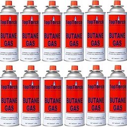 Top Torch® Portable Flame Butane Liquefied Gas Canister 225G Each Can Suitable to Reflling Lighters. Stove Gas, Flame Torch, Cooking Torch Gas, Welding Torch Fuel Gas. Pack-12-0