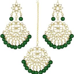 Traditional Gold Plated Pearl and Kundan Studded Maang Tikka with Earring Set for Women-image-16