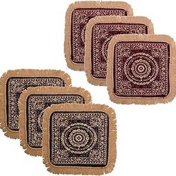 Homestic Pack of 6 Velvet Pooja Mat for Sitting On Floor | Comfortable Eating Aasan for Home | Decorative Sitting Mat for Meditation & Mandir | Floral - Maroon & Brown-image-83