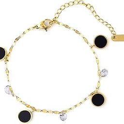 Alexis Women's Anklet | Stainless Steel | Gold-Tone Chain with Black Enamel & Clear CZ Charms | Minimalist Elegant Anklet | Adjustable Fit | Perfect for Casual & Evening Styling-image-76